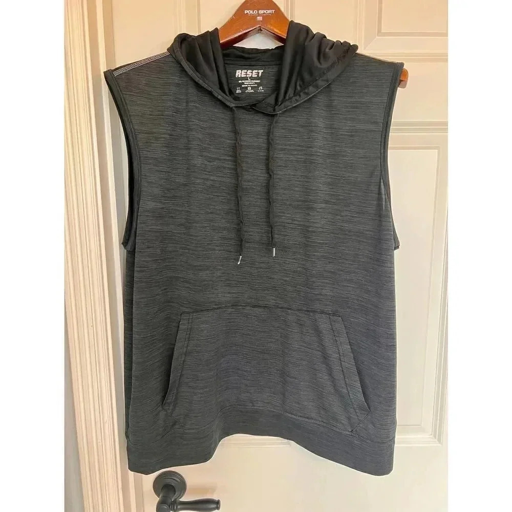 Reset gray sleavless‎ drawstring hoodie with front pocket size large